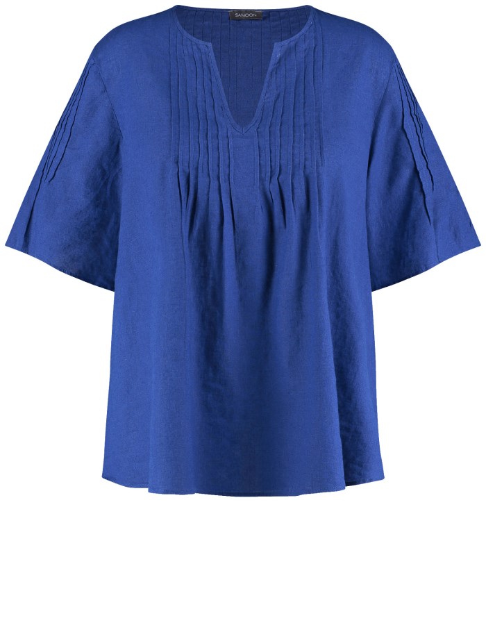 SAMOON Linen blend blouse with mid-length sleeves Bluse Blå | LAEU5555