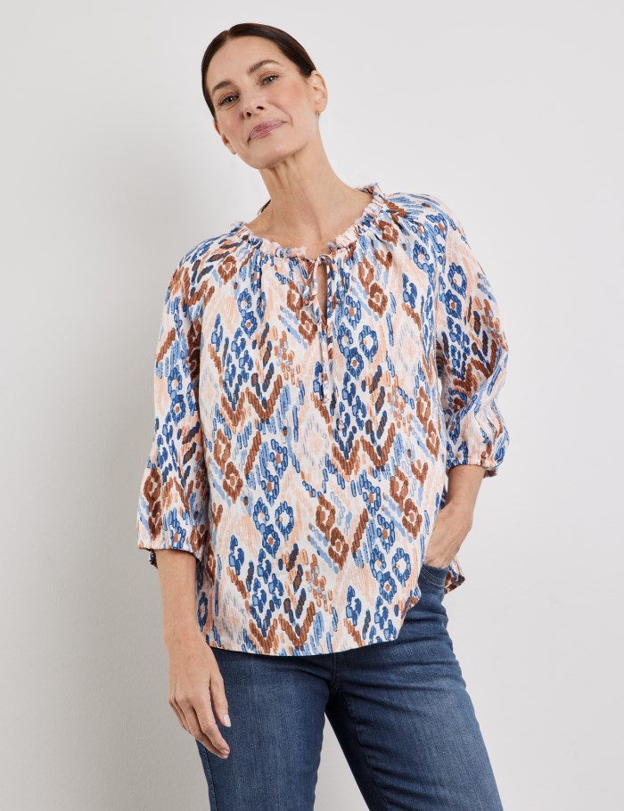 Gerry Weber Linen blouse with a frilled collar Bluse Multicolor | WFAM0705