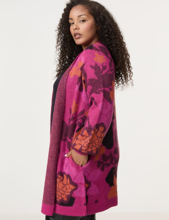 SAMOON Long cardigan with a jacquard pattern Strikkevarer Rosa | FJVC8653