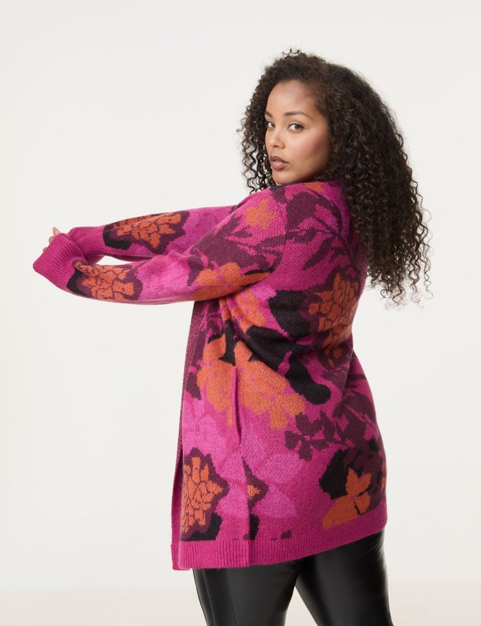 SAMOON Long cardigan with a jacquard pattern Strikkevarer Rosa | FJVC8653