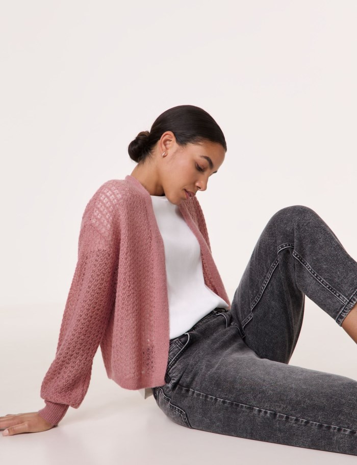 TAIFU Open cardigan with an airy knit pattern Strikkevarer Rosa | NOXO3822