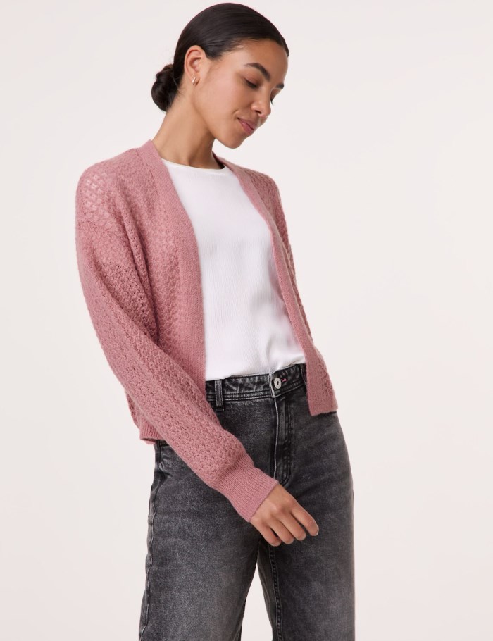 TAIFU Open cardigan with an airy knit pattern Strikkevarer Rosa | NOXO3822