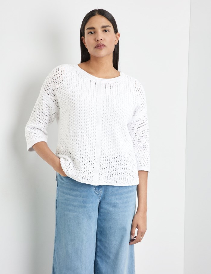 SAMOON Openwork jumper with 3/4-length sleeves Strikkevarer Hvite | RSNC8290