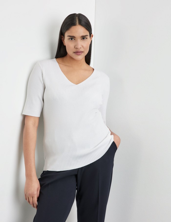 SAMOON Rib knit jumper with mid-length sleeves Strikkevarer Hvite | XGGR0554