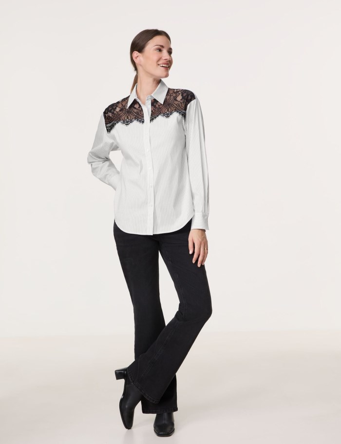 Gerry Weber Shirt blouse with a semi-sheer lace trim Bluse Hvite | ZWXC9470