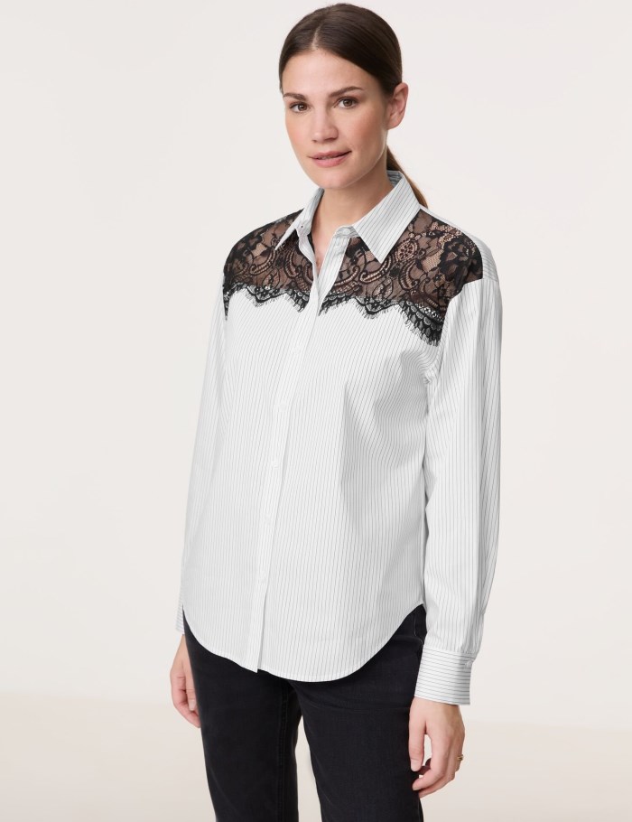 Gerry Weber Shirt blouse with a semi-sheer lace trim Bluse Hvite | ZWXC9470