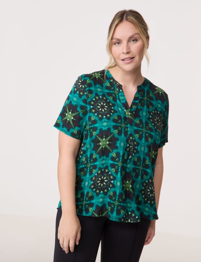 SAMOON Short sleeve blouse with a print Bluse Blå | BXSN6456