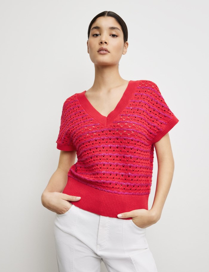 TAIFU Short sleeve jumper in an airy cotton knit Strikkevarer Rød | JCPV8001