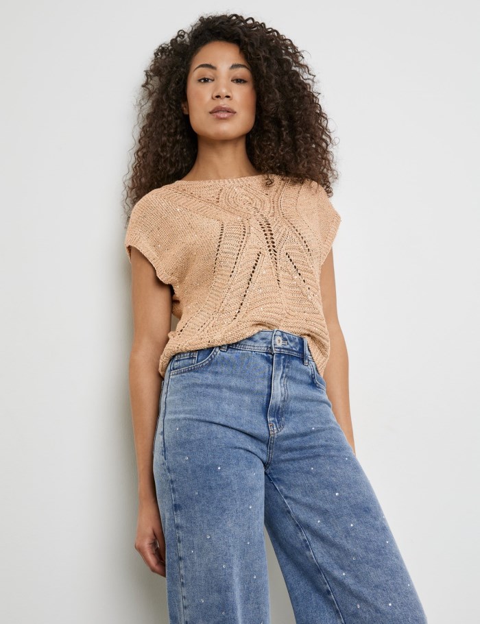 TAIFU Short sleeve jumper with a sheer openwork pattern Strikkevarer Beige | WCPJ3202