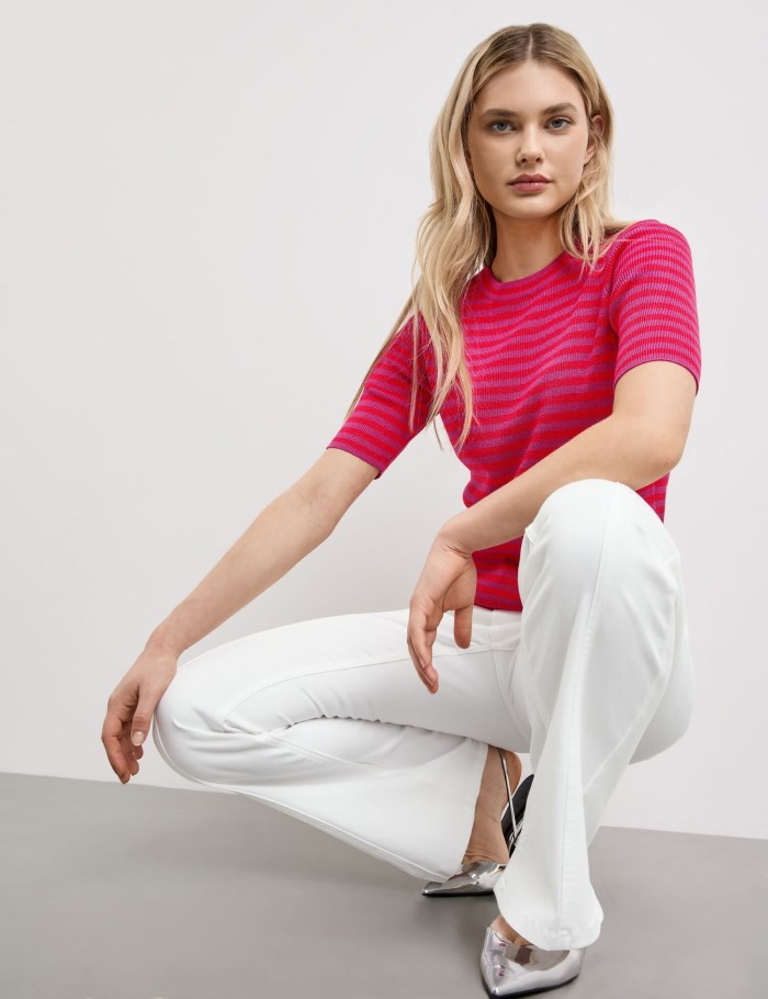 TAIFU Short sleeve jumper with stripes Strikkevarer Rød | RWMS8502