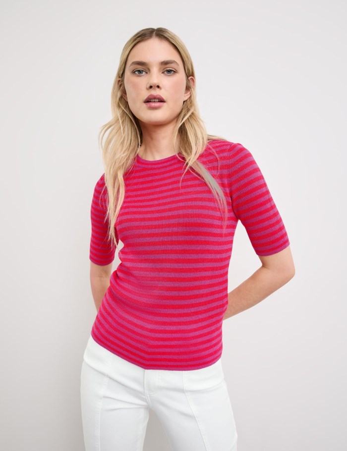 TAIFU Short sleeve jumper with stripes Strikkevarer Rød | RWMS8502