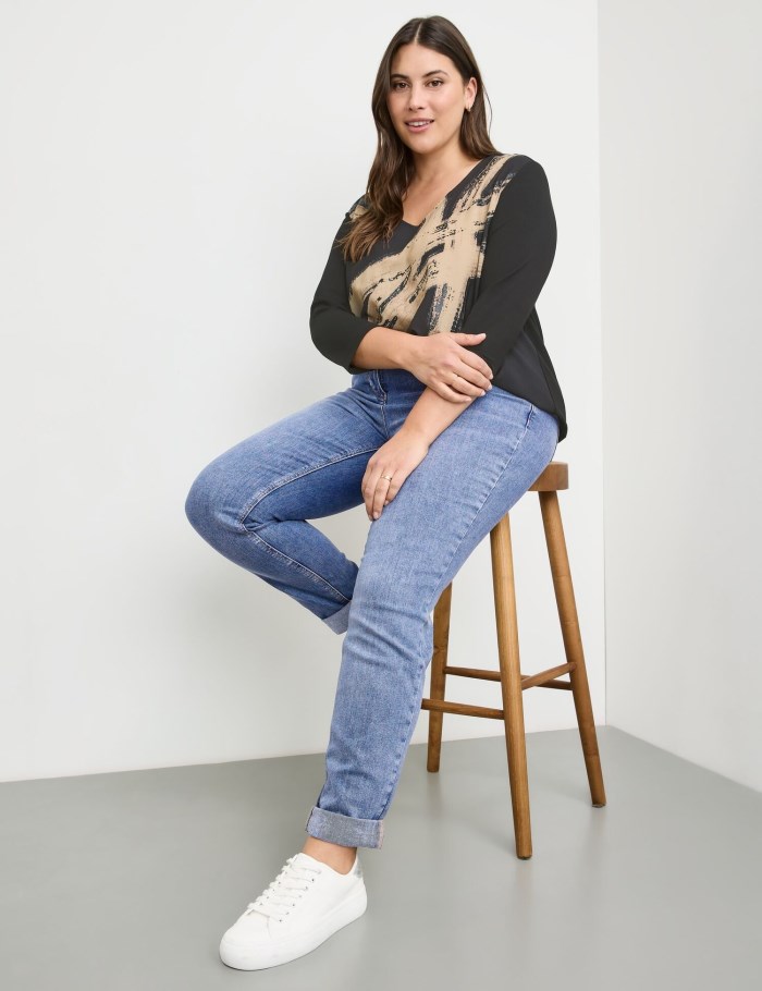 SAMOON Stretchy five-pocket jeans with turn-ups, Betty Bukser Blå | OUFT6808