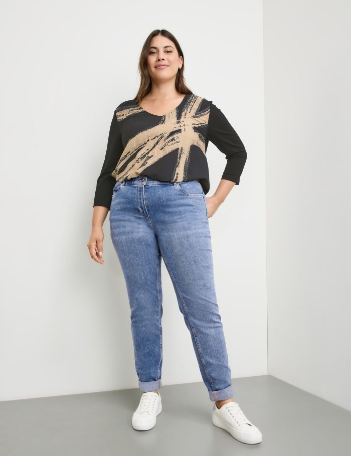 SAMOON Stretchy five-pocket jeans with turn-ups, Betty Bukser Blå | OUFT6808