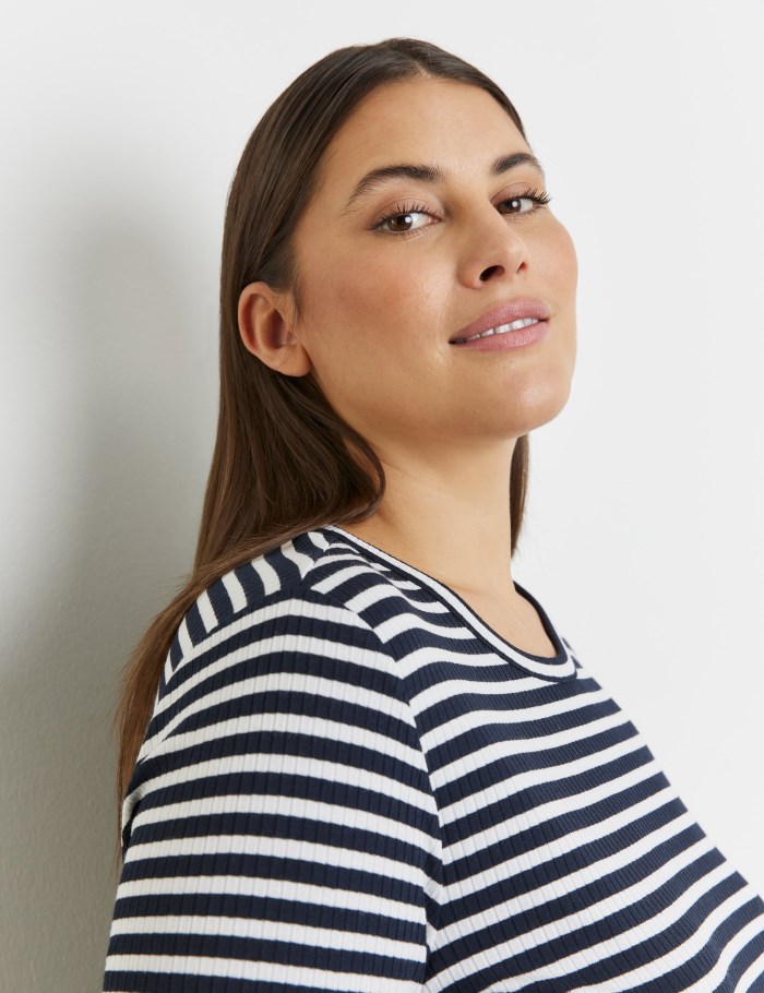 SAMOON Striped top with mid-length sleeves and a ribbed texture T-skjorte Blå | QUFX1760