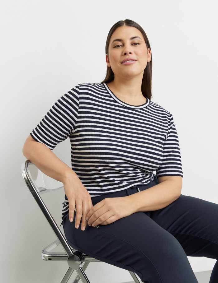 SAMOON Striped top with mid-length sleeves and a ribbed texture T-skjorte Blå | QUFX1760