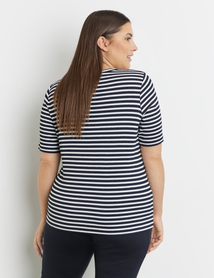 SAMOON Striped top with mid-length sleeves and a ribbed texture T-skjorte Blå | QUFX1760