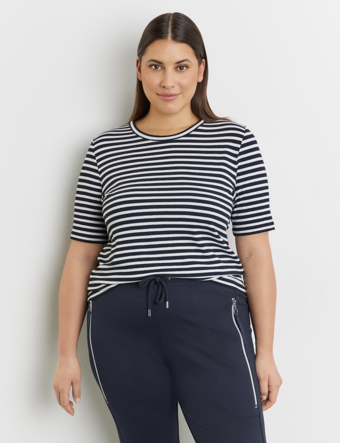 SAMOON Striped top with mid-length sleeves and a ribbed texture T-skjorte Blå | QUFX1760