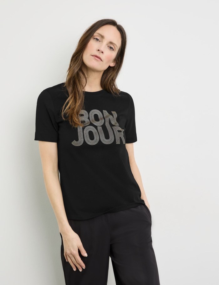 Gerry Weber Sustainable T-shirt with printed lettering T-skjorte Svarte | SWXS2303