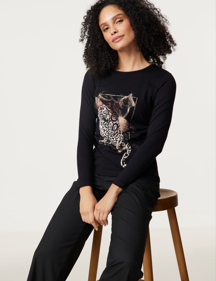 Gerry Weber Sustainable long sleeve top with a front print T-skjorte Svarte | GQZM3936