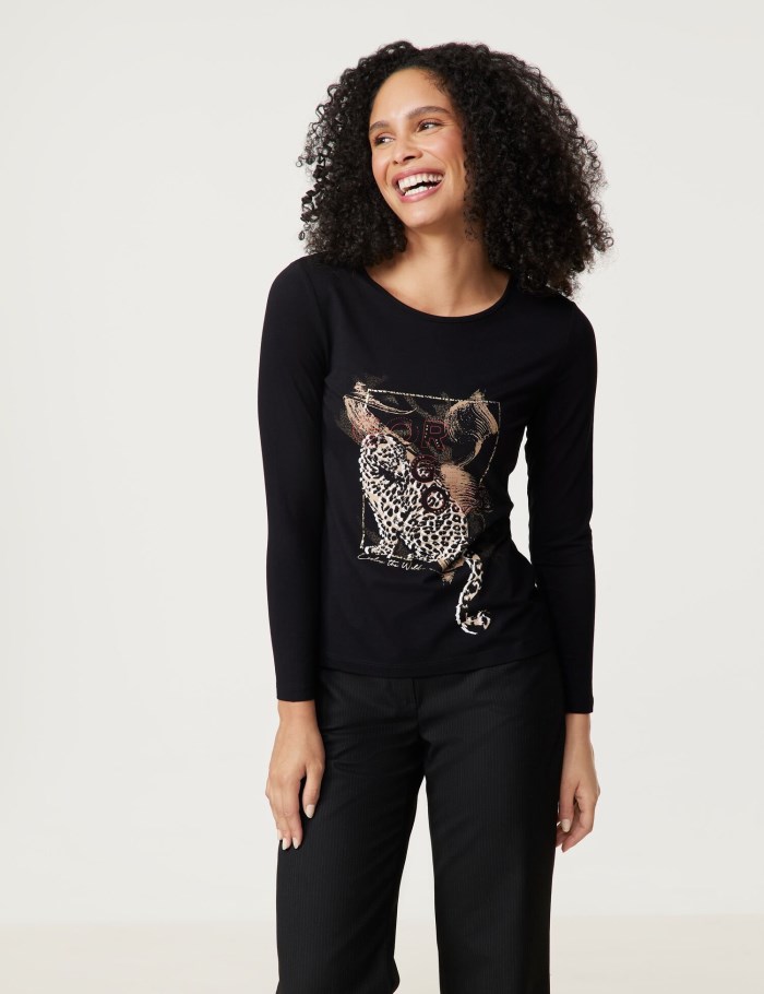 Gerry Weber Sustainable long sleeve top with a front print T-skjorte Svarte | GQZM3936