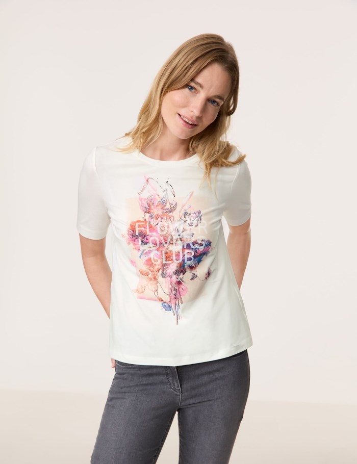 Gerry Weber Sustainable top with mid-length sleeves and a front print T-skjorte Hvite | BBQM9173