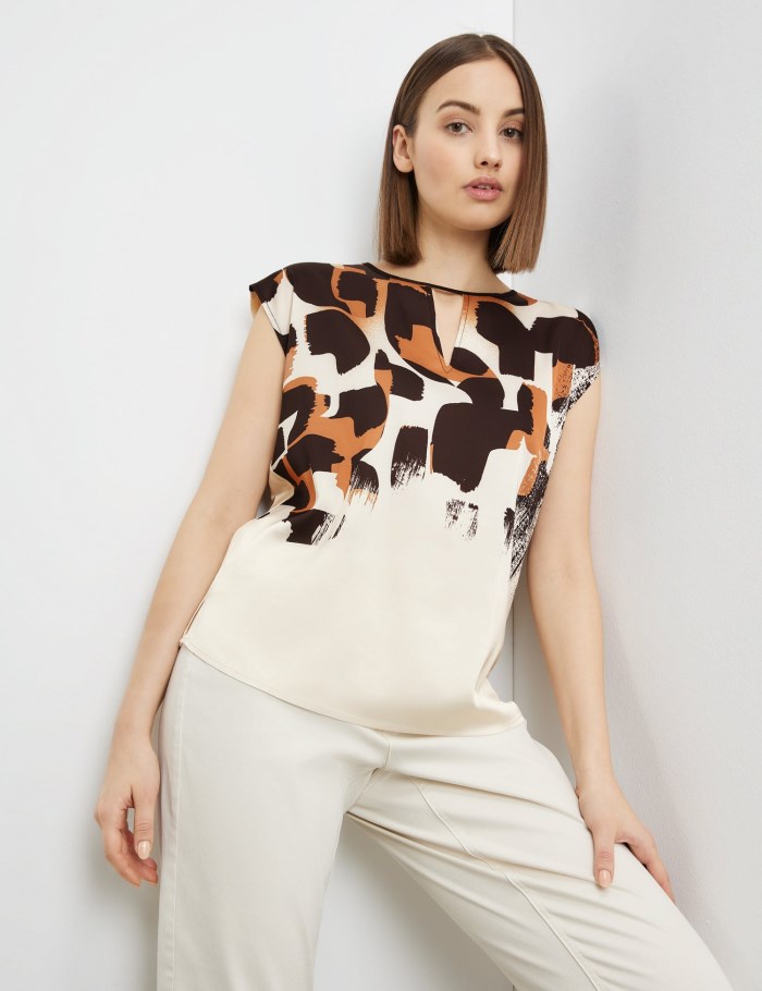 TAIFU Top with a printed satin front T-skjorte Beige | YHSU3819