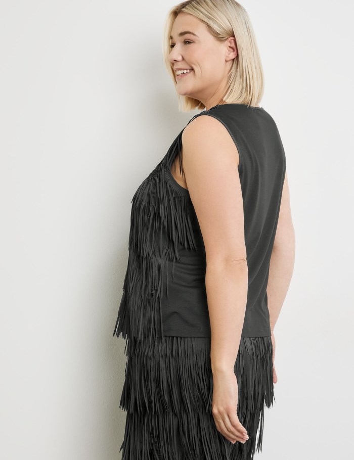 SAMOON Top with fringed details T-skjorte Svarte | PPLP3995