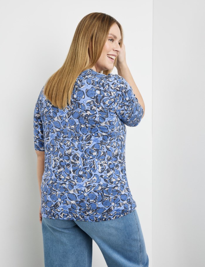 SAMOON Top with mid-length sleeves and an all-over print T-skjorte Blå | IHUH2049