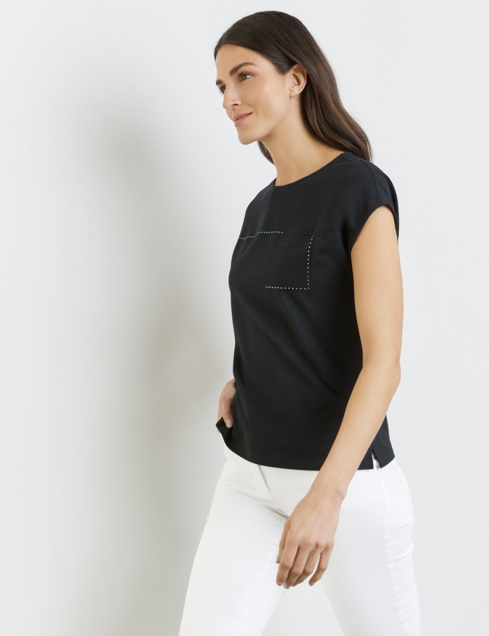 Gerry Weber T-shirt with fabric panelling and decorative gemstones T-skjorte Svarte | FTUL0184