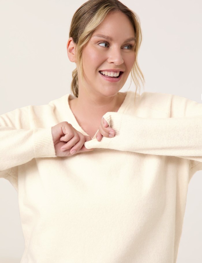 SAMOON Warm basic jumper with a V-neckline Strikkevarer Beige | IXKD2943